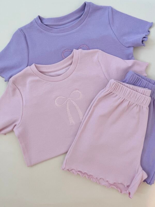Ribbed Bow Embroidery Summer Set - Pink/Lilac